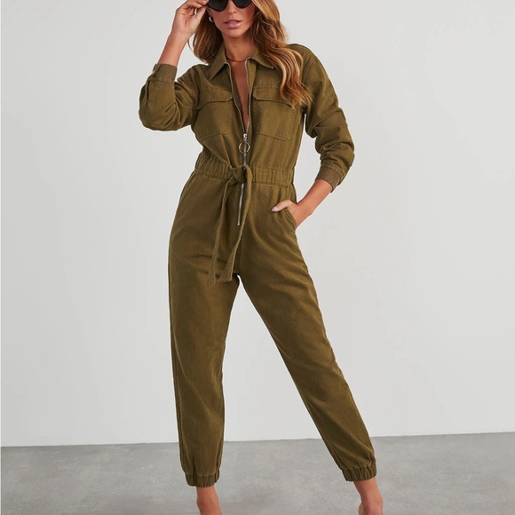 Vici Pants - Vici Green Utility Jumpsuit with Drawstring Waist
